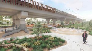 Emu feet, open space at new rail bridge